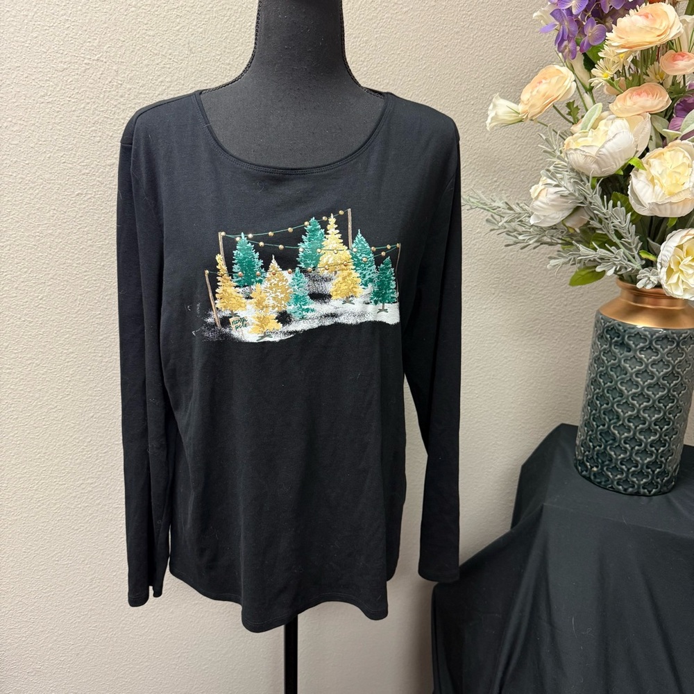 Karen Scott XL Black Christmas Tree Lights Long Sleeve Holiday Tee Top